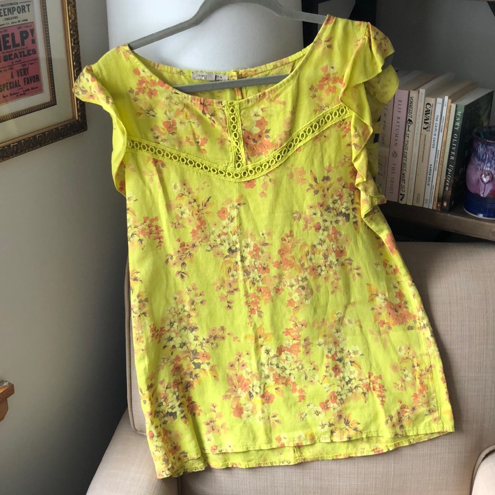 Bright yellow floral top 100% linen